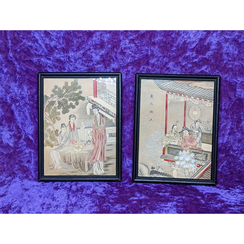 Vintage Oriental Asian Art Print framed Lady Garden Scenes Geisha Japan Chinese